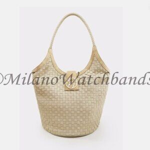 Glam Rock Golden Beige Hand Braided Techno Silk Big Handbag With Magnet